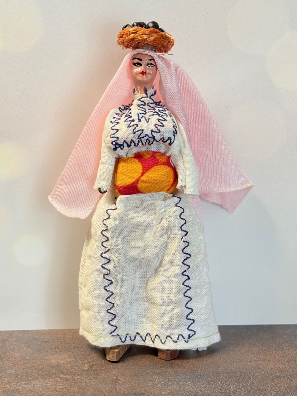 Vintage Palestinian Syrian Style Folk Doll Olive Basket Wooden Souvenir 7”